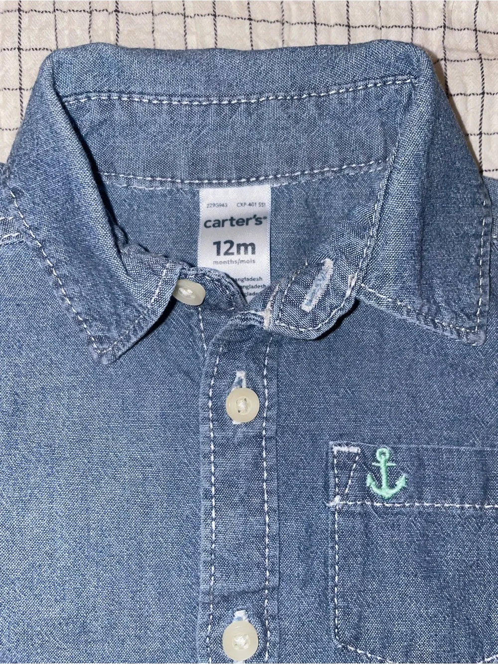 2 PC Carter's Blue Chambray Button-Up Shirt with Mint Anchor Accent and Shorts